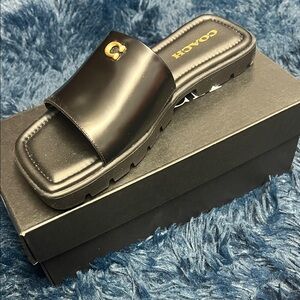 Coach Glossy Black Slide Sandals
